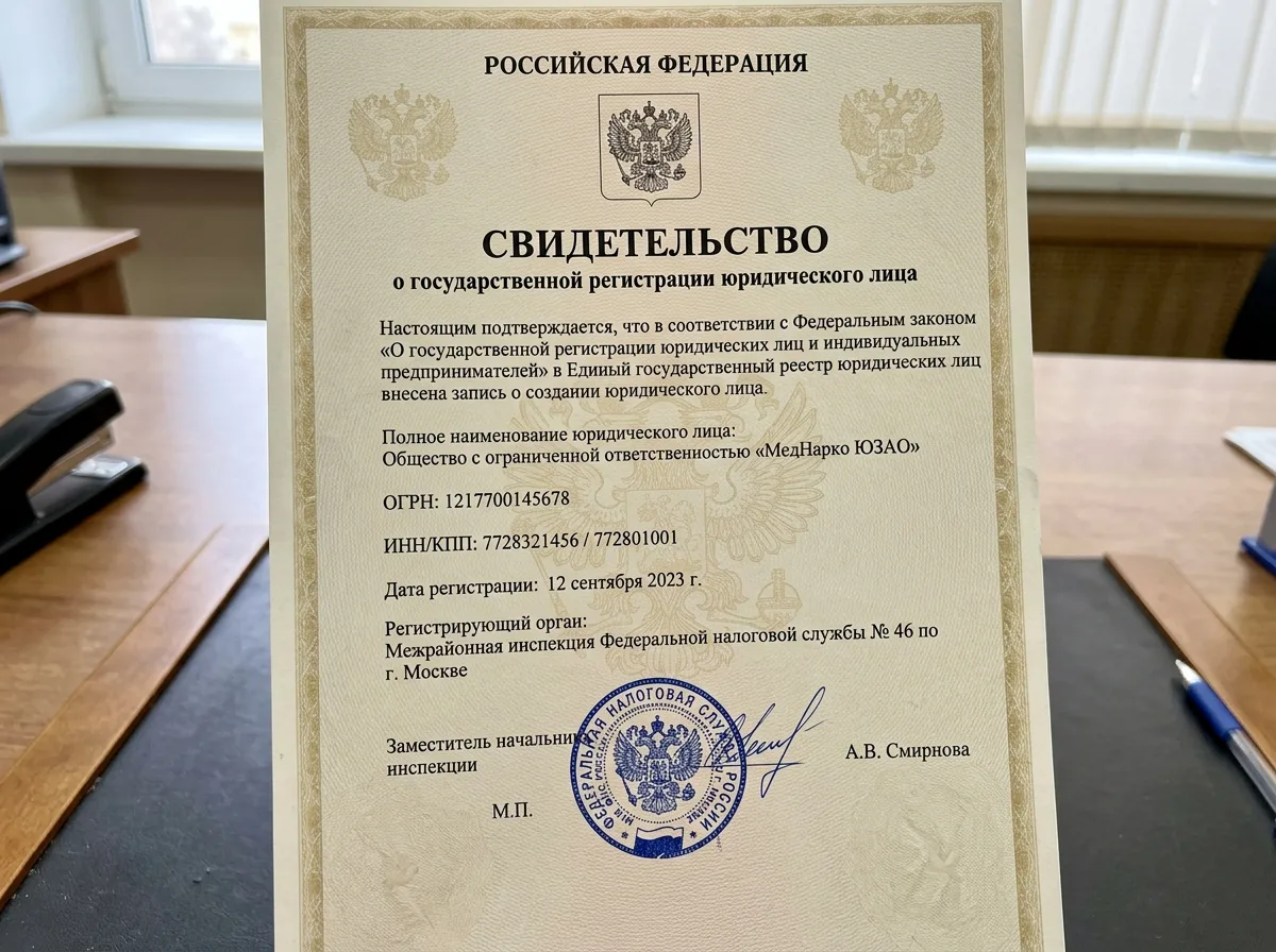 Свидетельство о государственной регистрации ООО МедНарко ЮЗАО, официальный документ налоговой службы России, синие печати